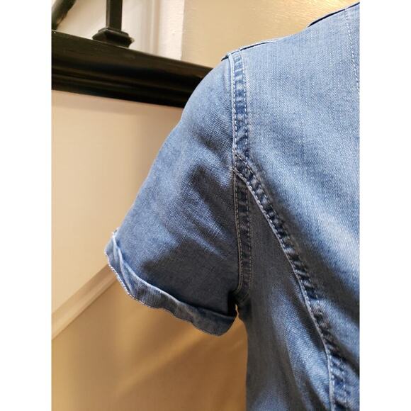 Fashion Nova Denim Jumpsuit Womens Medium Blue Plunging Neck Crisscross Front - Picture 13 of 16